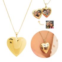 Colar Com Duas Fotos Relicário Coração Liso Folheado A Ouro