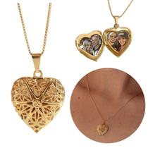 Colar com foto relicário coração telado banhado a ouro 60cm