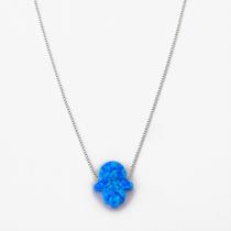 Colar com Mão de Fátima em Resina Sintética Azul Brilhosa em Prata 925