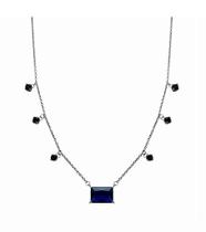 Colar com pedra retangular safira e pontos de luz banhado a ródio negro - 45 cm + 5 cm de extensor