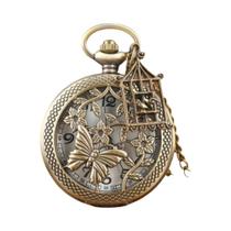 Colar Com Pingente De Gaiola De Pássaro Em Bronze Vintage Com Relógio De Bolso De Quartzo, Presente