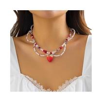 Colar Com Pingente De Morango Vermelho, Estilo Coreano Gótico Y2K, Corrente De Pérolas Imitadas Em Colar Com Pingente De Morango Vermelho, Estilo Coreano Gótico Y2K, Corrente De Pérolas Imitadas Em