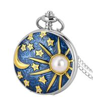 Colar Com Pingente De Relógio De Bolso Em Prata Com Pérola De Quartzo Azul Marinho Para Homens E