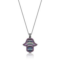 Colar com pingente mão de fátima multicolorida - ródio negro