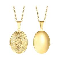 Colar com Pingente Medalhão de Coração Floral - Moldura de Foto em Aço Inoxidável