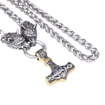 Colar com pingente Norse Rune Hammer Wolf Head para homens, 60 cm
