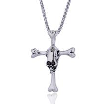 Colar com pingente Skull and Crossbones, estilo punk rock, prata