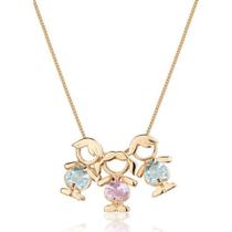 Colar com pingente três Filhos dois meninos e uma menina com cristal azul e rosa banhado em ouro 18k cordão mãe