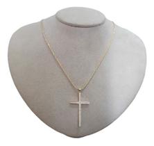 Colar Comprido Cruz Cravejado De Zirconia Dourado F Ouro 18k -