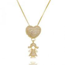 Colar coração cravejado branco com 1 menina pendurada
