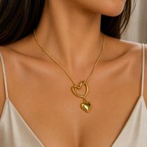 Colar Coração Duplo Feminino Dourado Ou Prateado Aço Inoxidável