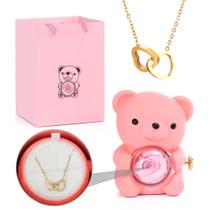 Colar Coração Entrelaçado Caixa Presente Rosa Eterna Ursinho