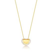 Colar coração liso central e moldura cravejada