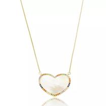 Colar Coração Madre Pérola com Zircônias Coloridas no Contorno Banhado Ouro 18K Colar Coração Madre Pérola com Zircônias Coloridas no Contorno Banhado Ouro 18K