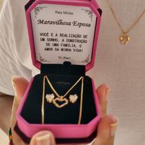 Colar Coração Ouro Presente Aniversário Esposa + Caixinha Veludo Personalizada com Dedicatória