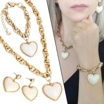 Colar Coração + Pulseira + Brinco Kit 3 Peças Dourado Feminino