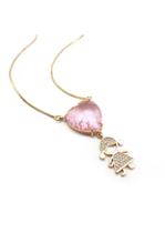 Colar Coração Rosa com menina banhado em ouro 18k