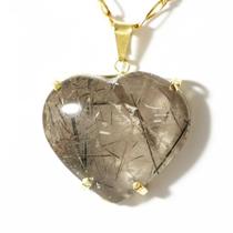 Colar Coração Turmalina Preta Incrustada Cristal Dourado