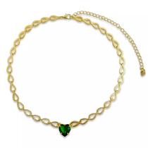 Colar Coração Verde Esmeralda Banhado a Ouro 18k Semijoia