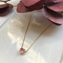 Colar Coração Zircônia Rosa Banhado a Ouro