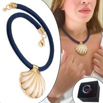 Colar Cordão Azul Concha Banhado a Ouro Praia Mar