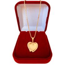 Colar Cordão Corrente Correntinha Gargantilha Feminina e Pingente Coração Duplo Banhado a Ouro 18k