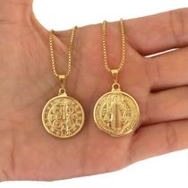 Colar Cordão Corrente Correntinha Gargantilha Feminina e Pingente Medalha de São Bento Banhado a Ouro 18k Colar Cordão Corrente Correntinha Gargantilha Feminina e Pingente Medalha de São Bento Banhado a Ouro 18k