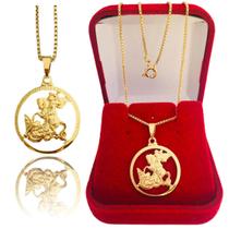 Colar Cordão Corrente Correntinha Gargantilha Feminina e Pingente São Jorge Guerreiro Banhado a Ouro 18k