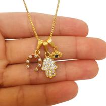 Colar Cordão Corrente Correntinha Gargantilha Feminina Patuá Olho Grego Mão de Fátima Ferradura Banhado a Ouro 18K