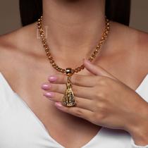 Colar Cordão Corrente Feminina Dourado Pingente Nossa Senhora Aparecida Strass Manto Semijoia