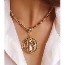 Colar Cordão Corrente Feminino Com Medalha De São Bento Banhado A Ouro 18K e Verniz Italiano Colar Cordão Corrente Feminino Com Medalha De São Bento Banhado A Ouro 18K e Verniz Italiano