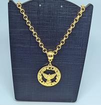 Colar Cordão corrente Feminino Elo Português Folheado a Ouro Pingente Medalha Redonda Divino Espirito santo Moda