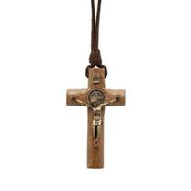 Colar Cordão Couro Crucifixo Coroinha Medalha de São Bento