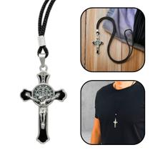 Colar Cordão Crucifixo Cruz São Bento Metal Prata Velha