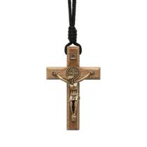 Colar Cordão Crucifixo Madeira Coroinha 7 cm Com São Bento