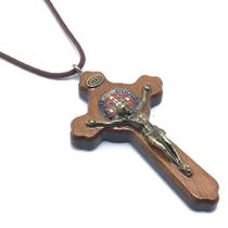 Colar Cordão Crucifixo Medalha São Bento Madeira