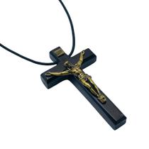 Colar Cordão Cruz com Cristo Madeira Colar Cordão Cruz com Cristo Madeira