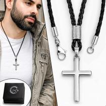 Colar Cordão De Couro Masculino Cruz Crucifixo Ajustável Colar Cordão De Couro Masculino Cruz Crucifixo Ajustável