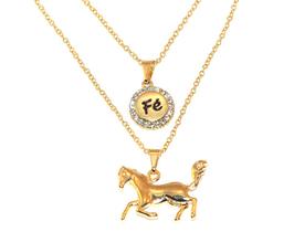 Colar Cordão Duplo Country Fé Cavalo Folheado Ouro 18k