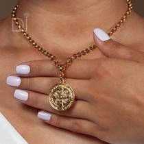 Colar Cordão Feminino Dourado Medalha São Bento Semijoia