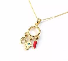 Colar Cordão Pimenta Sorte Mão De Fátima Folheado 18k