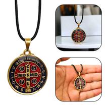 Colar Cordão Pingente Medalha São Bento Colorida Dourado