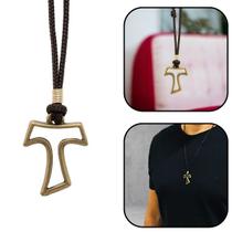 Colar Cordão Tau Franciscano Vazado Metal Ouro Velho
