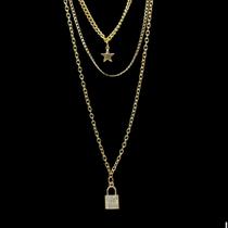 Colar Corente Gargantilha Cadeado 3 fios Jóia Feminina Stras Colar Corente Gargantilha Cadeado 3 fios Jóia Feminina Stras