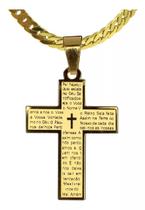 Colar Corrente com Pingente Cruz oração pai nosso Aço Inox 316L Legitimo Banhado a Ouro Anti Alérgico 60 cm