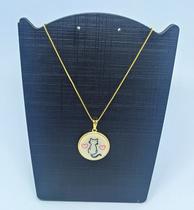Colar Corrente com Pingente Madrepérola Redondo Pet Gato Gatinho Desenho Folheado Ouro 18k Gargantilha Tendência