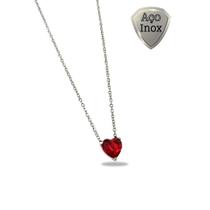 Colar Corrente Coração Vermelho Aço Inox Prateado