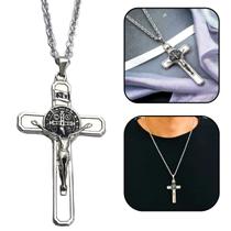 Colar Corrente Crucifixo com Medalha de São Bento Aço Inox