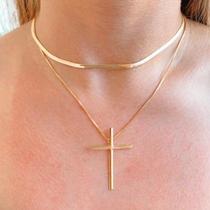 Colar corrente Crucifixo Cruz Feminino Ouro 18k + Choker Fio Liso laminado metalizado Dourado Exclusivo Qualidade Premiu Colar corrente Crucifixo Cruz Feminino Ouro 18k + Choker Fio Liso laminado metalizado Dourado Exclusivo Qualidade Premiu