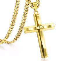 Colar Corrente Dourado Com Detalhe em Dourado Pingente Cruz Unissex